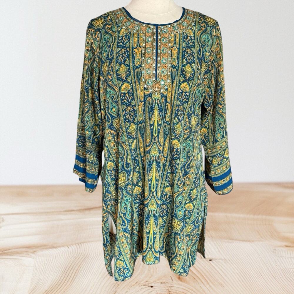 Biba Tunic Dress Size 42/46"B Bohemian Artsy Hippie Paisley Side Slits Teal Blue